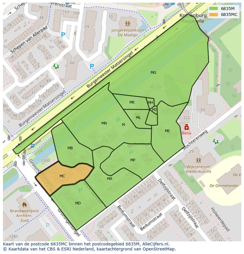 Afbeelding van het postcodegebied 6835 MC op de kaart.