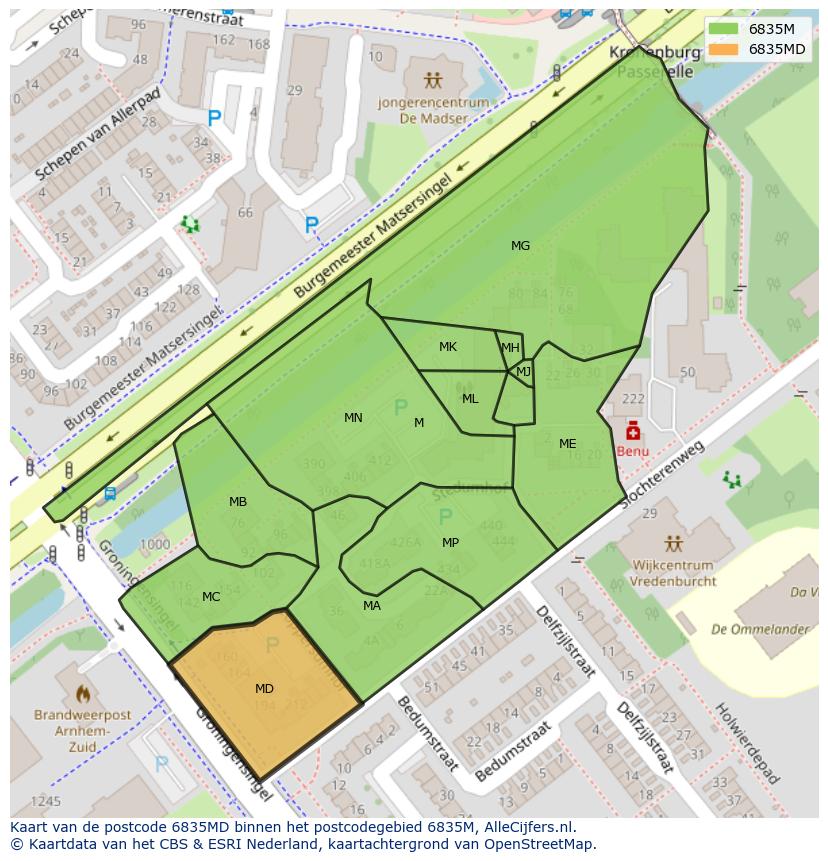 Afbeelding van het postcodegebied 6835 MD op de kaart.