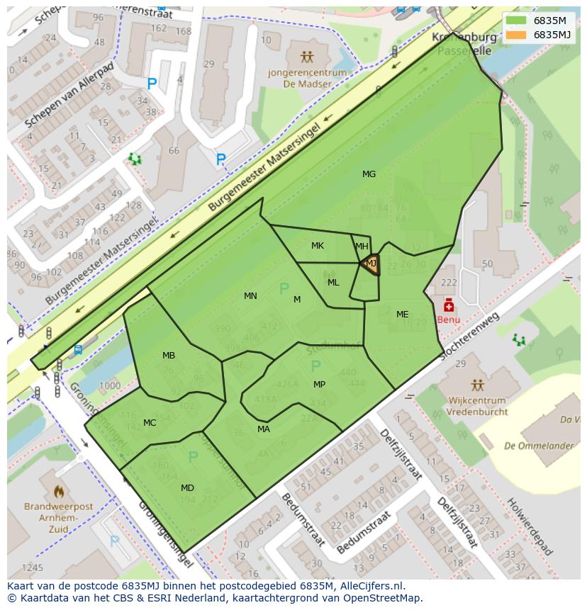 Afbeelding van het postcodegebied 6835 MJ op de kaart.