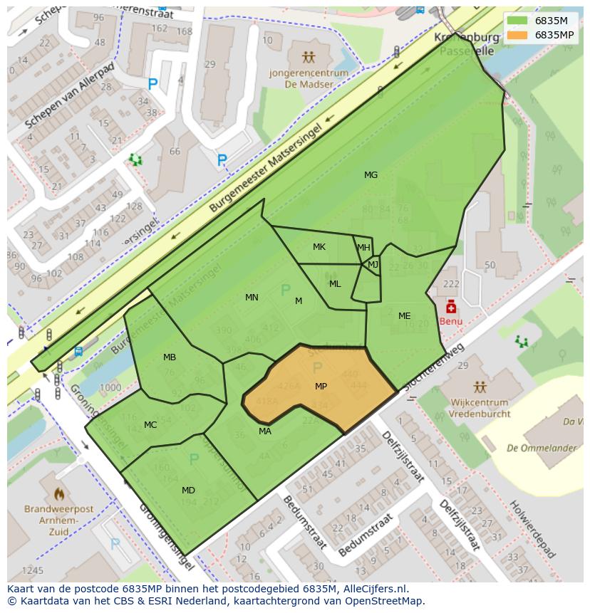 Afbeelding van het postcodegebied 6835 MP op de kaart.
