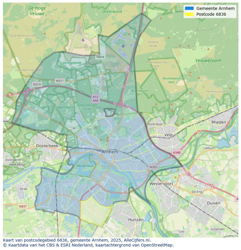 Afbeelding van het postcodegebied 6836 op de kaart.