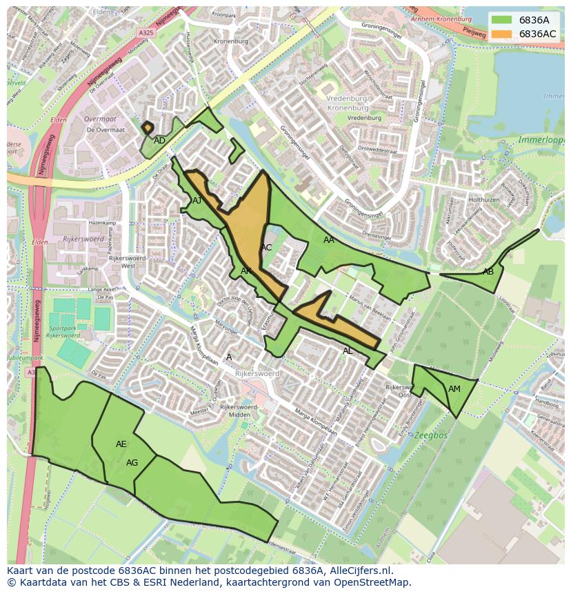Afbeelding van het postcodegebied 6836 AC op de kaart.