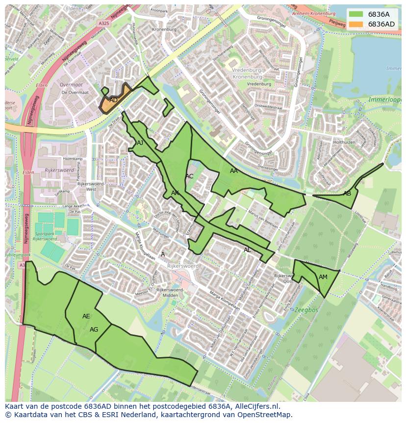 Afbeelding van het postcodegebied 6836 AD op de kaart.