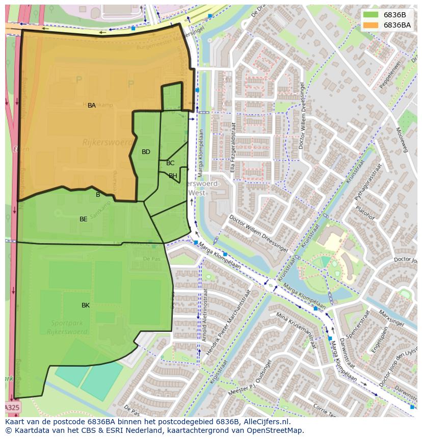 Afbeelding van het postcodegebied 6836 BA op de kaart.