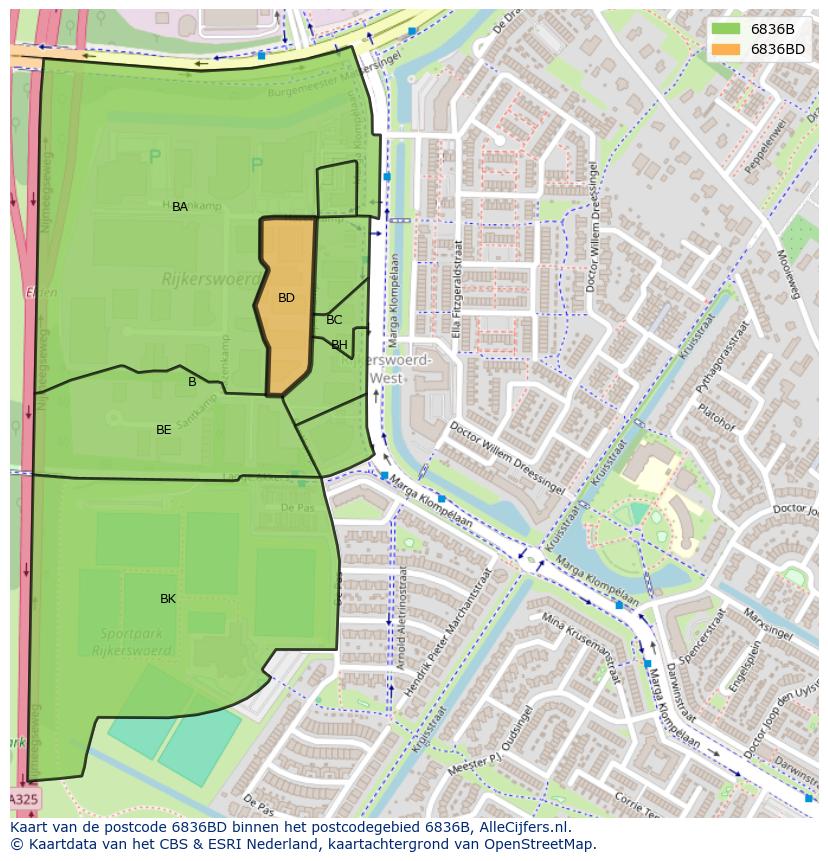 Afbeelding van het postcodegebied 6836 BD op de kaart.