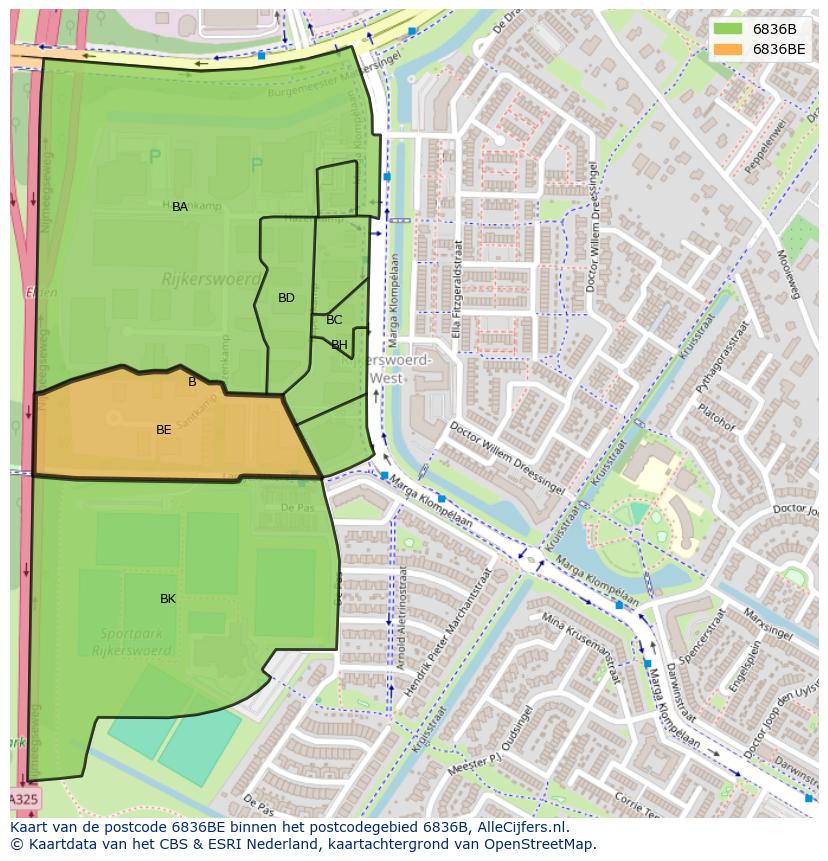 Afbeelding van het postcodegebied 6836 BE op de kaart.