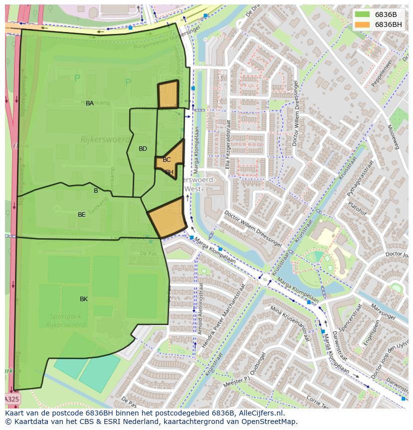 Afbeelding van het postcodegebied 6836 BH op de kaart.