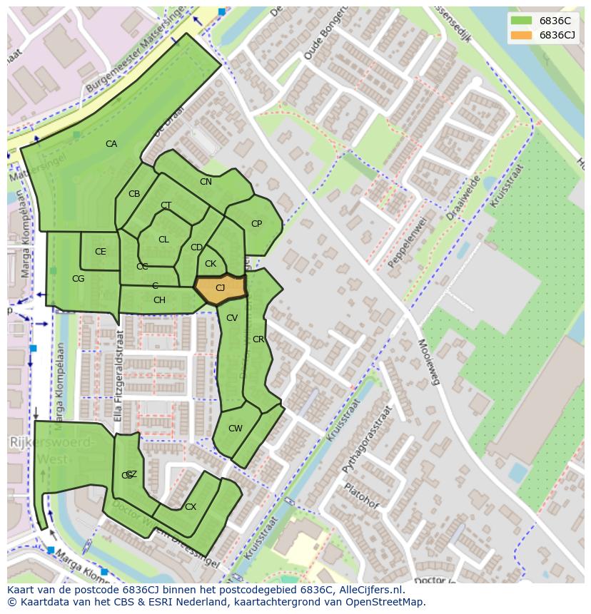 Afbeelding van het postcodegebied 6836 CJ op de kaart.