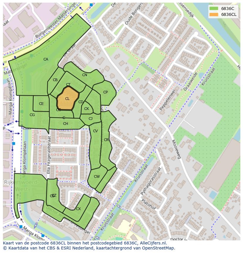 Afbeelding van het postcodegebied 6836 CL op de kaart.