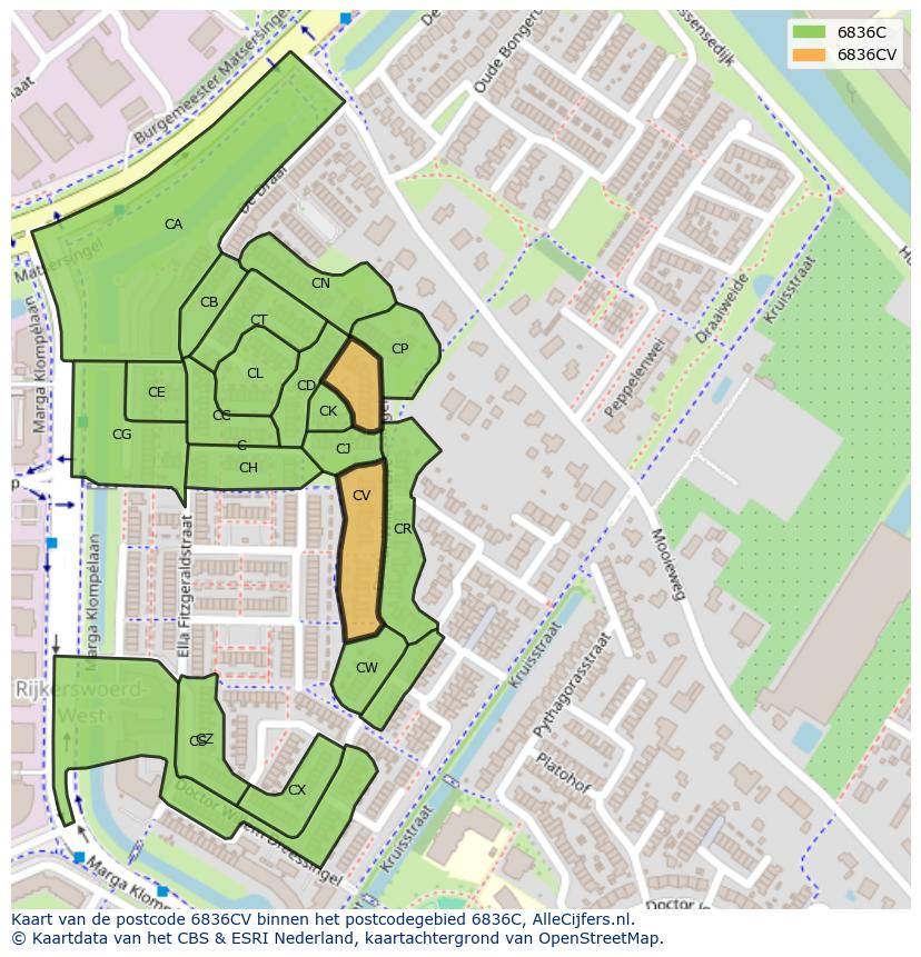 Afbeelding van het postcodegebied 6836 CV op de kaart.