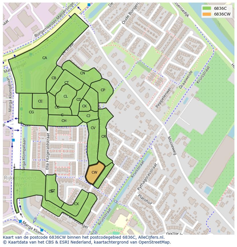 Afbeelding van het postcodegebied 6836 CW op de kaart.