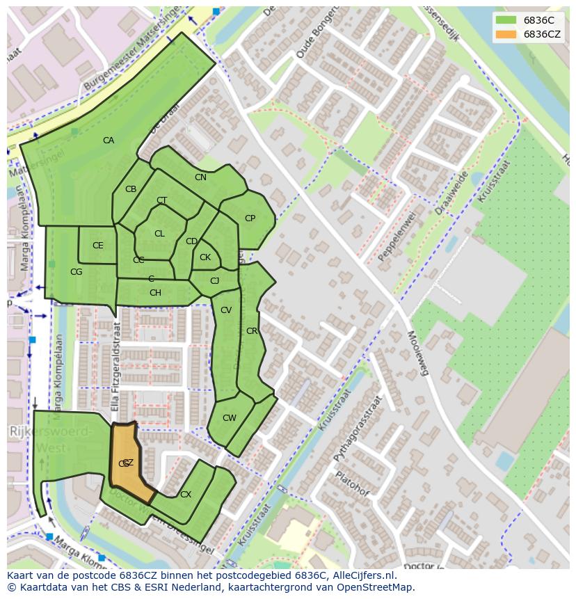 Afbeelding van het postcodegebied 6836 CZ op de kaart.