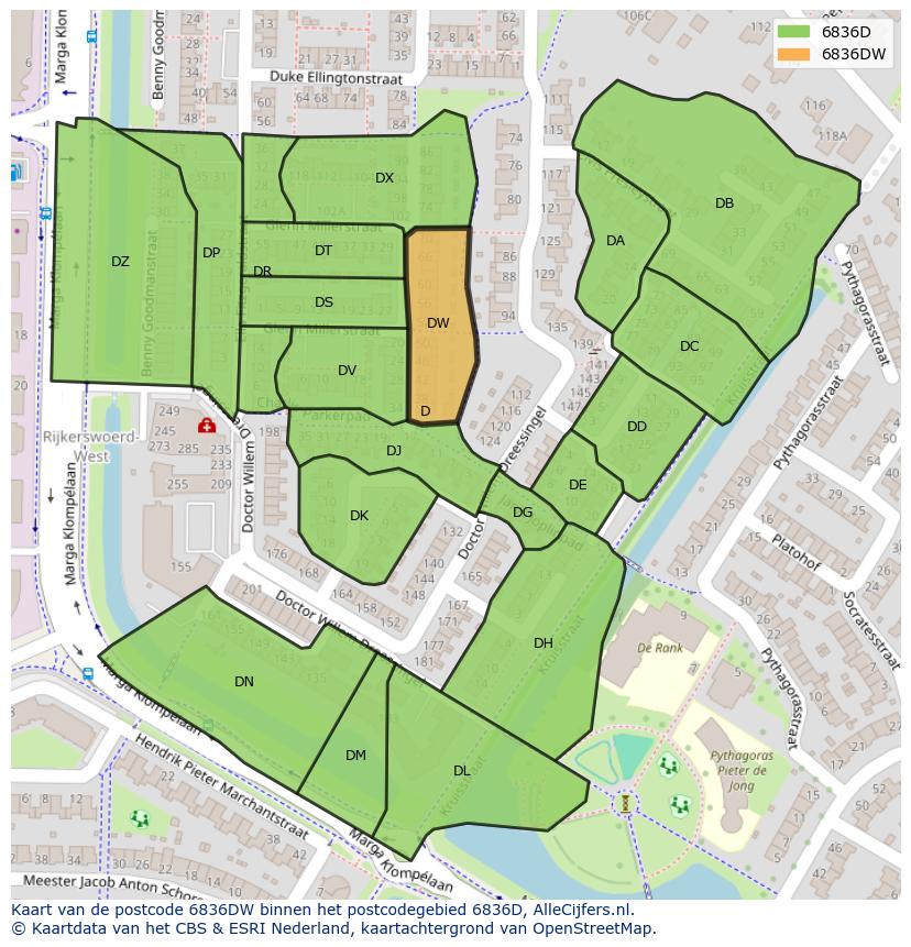 Afbeelding van het postcodegebied 6836 DW op de kaart.