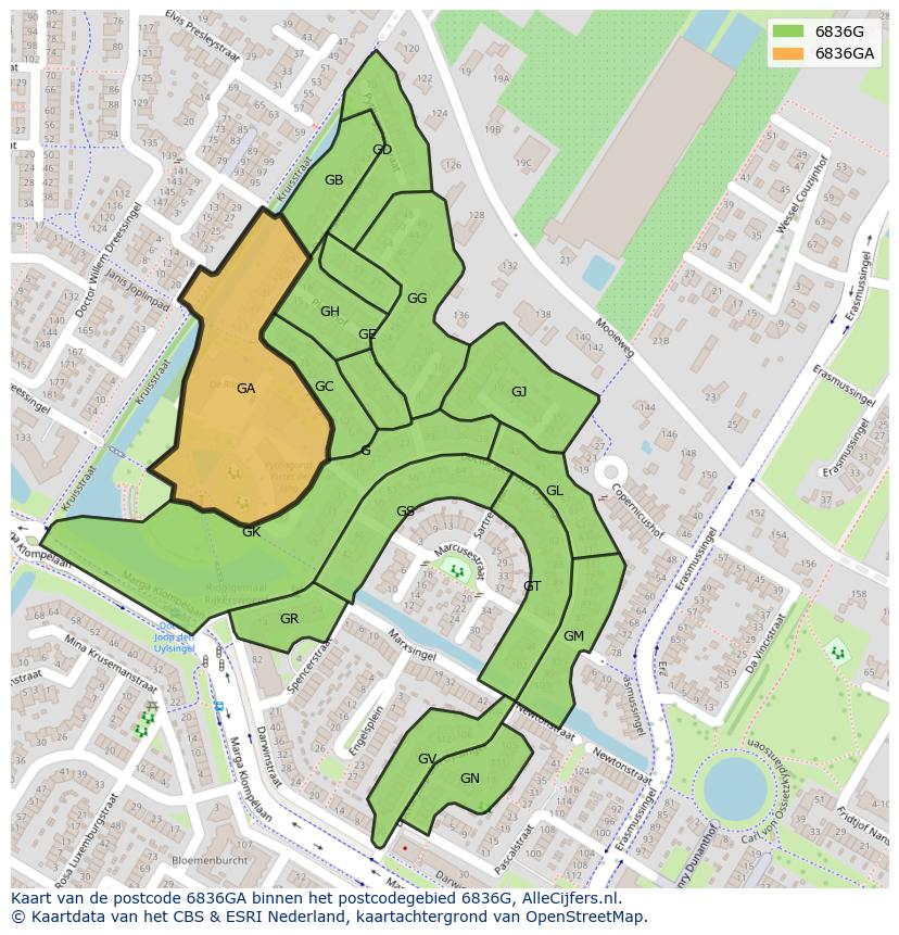 Afbeelding van het postcodegebied 6836 GA op de kaart.