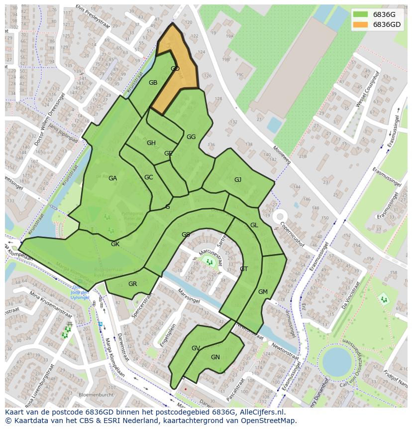 Afbeelding van het postcodegebied 6836 GD op de kaart.
