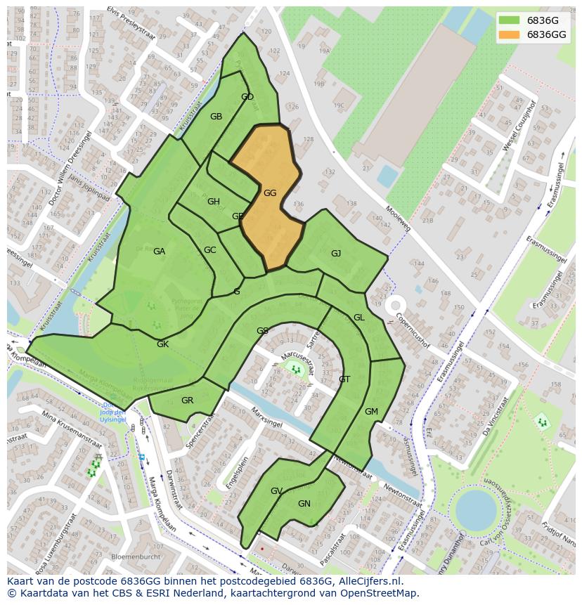 Afbeelding van het postcodegebied 6836 GG op de kaart.