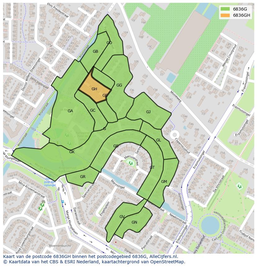 Afbeelding van het postcodegebied 6836 GH op de kaart.