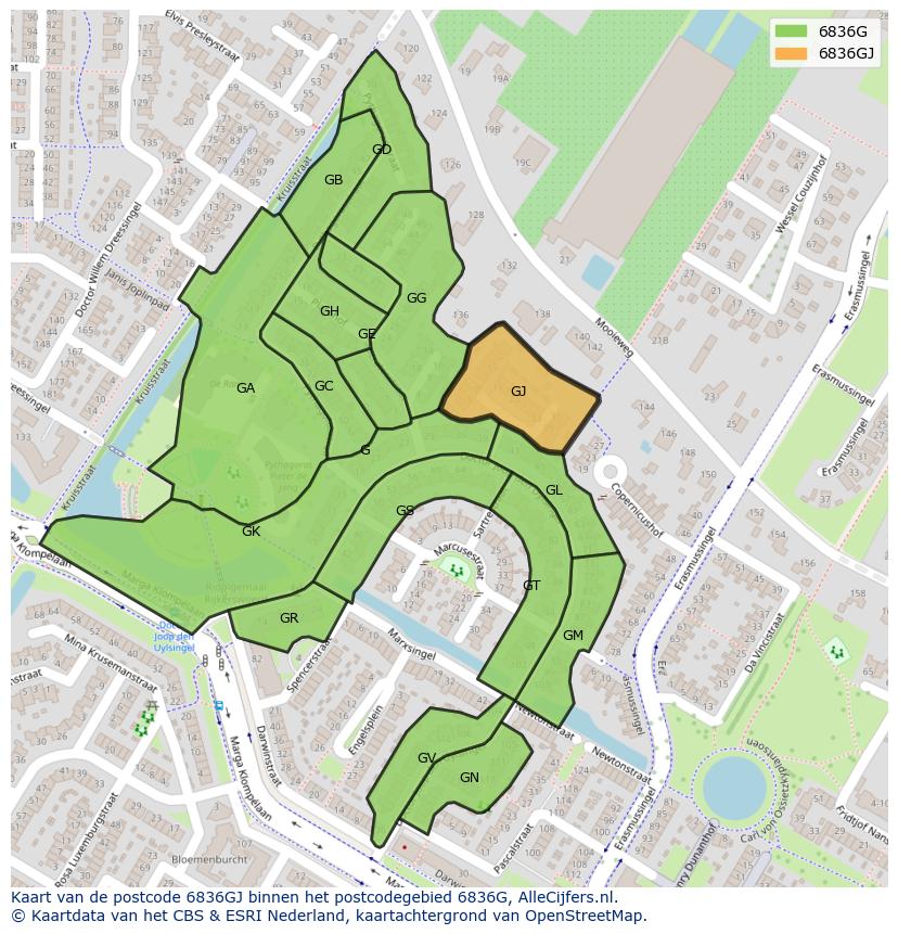Afbeelding van het postcodegebied 6836 GJ op de kaart.