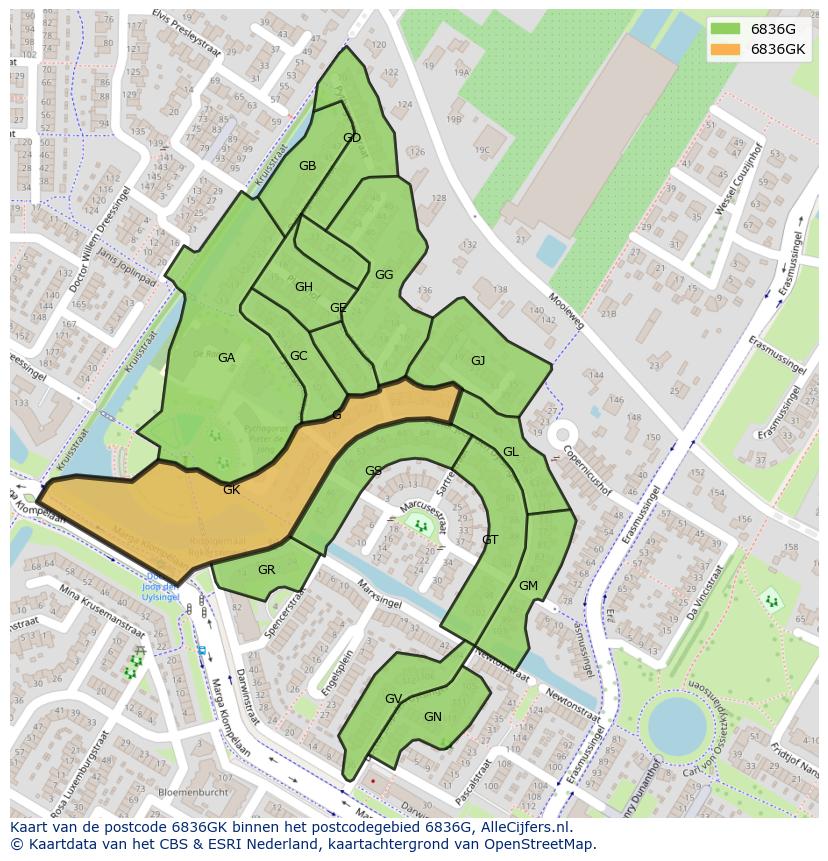 Afbeelding van het postcodegebied 6836 GK op de kaart.