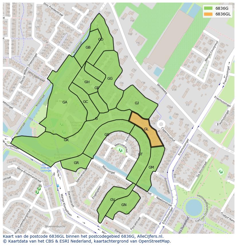 Afbeelding van het postcodegebied 6836 GL op de kaart.