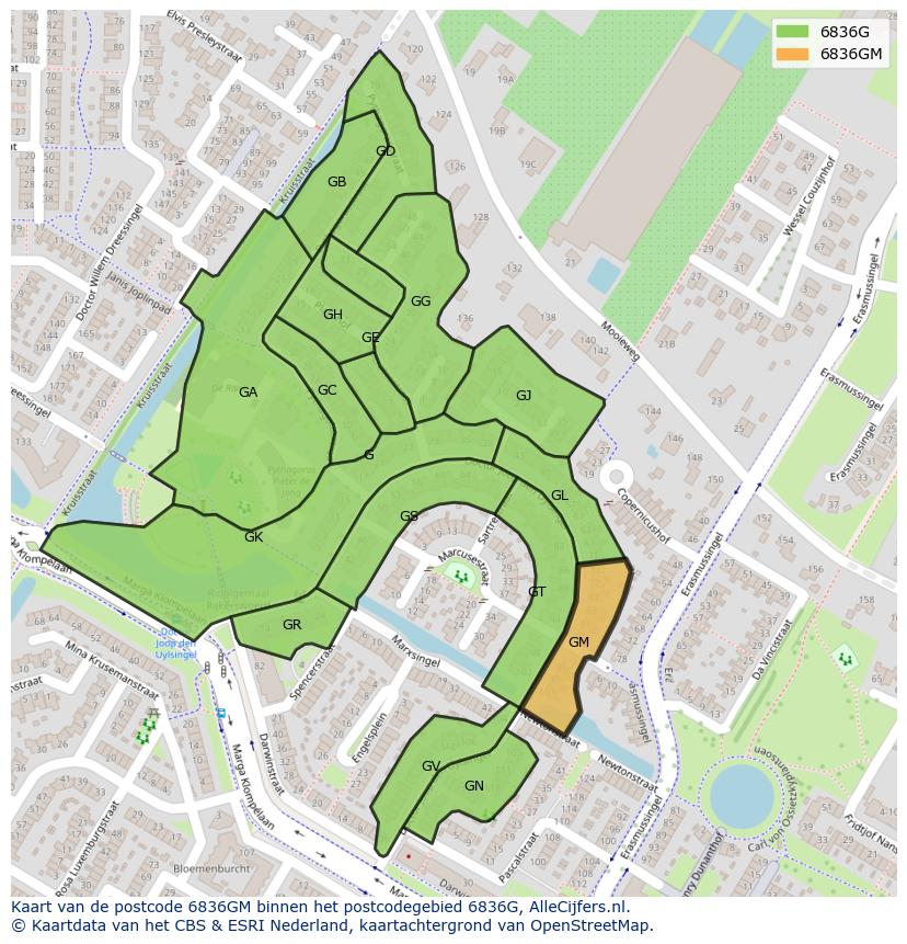 Afbeelding van het postcodegebied 6836 GM op de kaart.