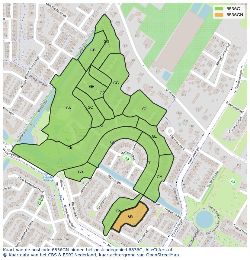 Afbeelding van het postcodegebied 6836 GN op de kaart.