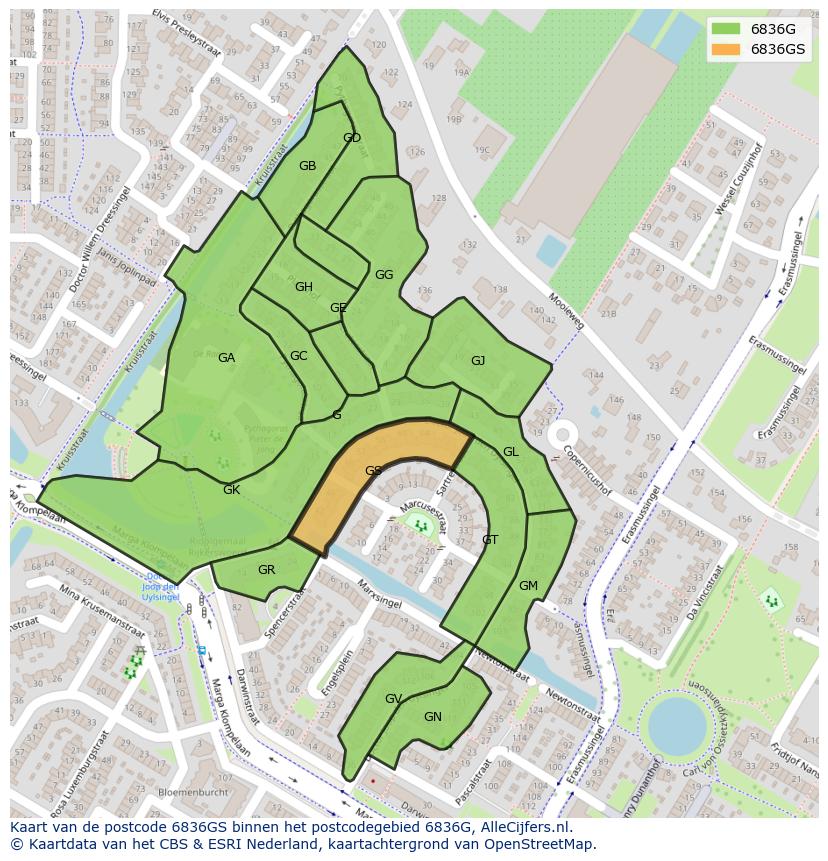 Afbeelding van het postcodegebied 6836 GS op de kaart.