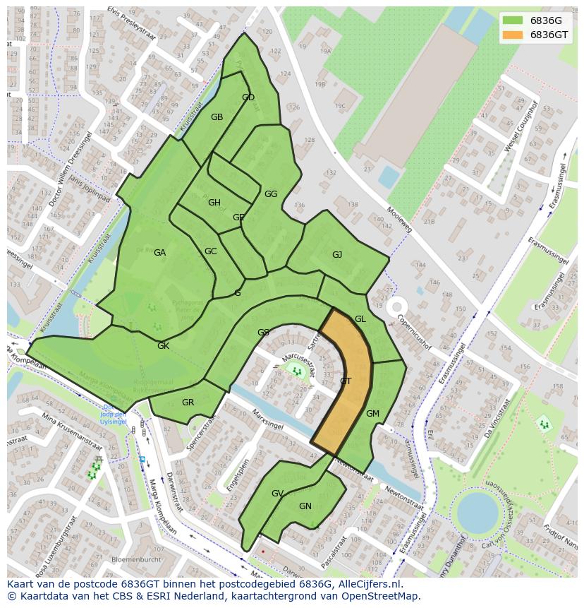 Afbeelding van het postcodegebied 6836 GT op de kaart.