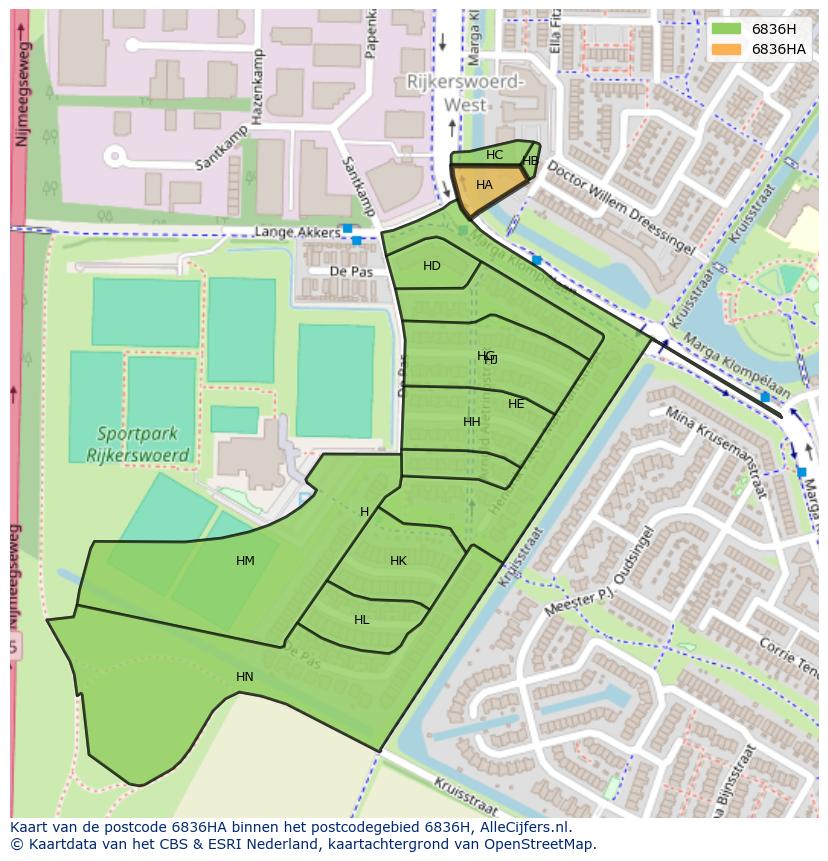 Afbeelding van het postcodegebied 6836 HA op de kaart.
