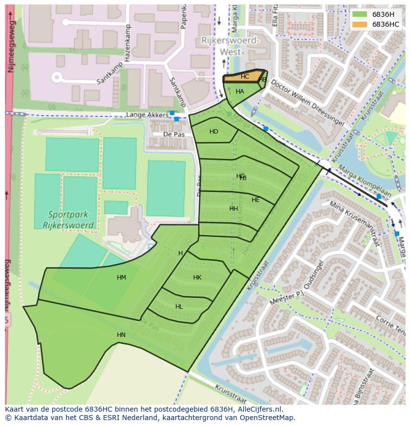 Afbeelding van het postcodegebied 6836 HC op de kaart.