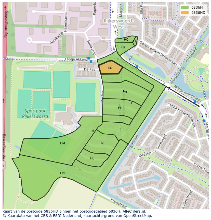 Afbeelding van het postcodegebied 6836 HD op de kaart.