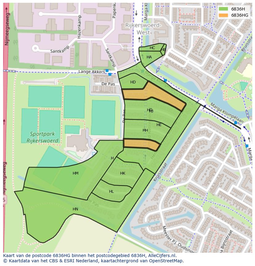Afbeelding van het postcodegebied 6836 HG op de kaart.