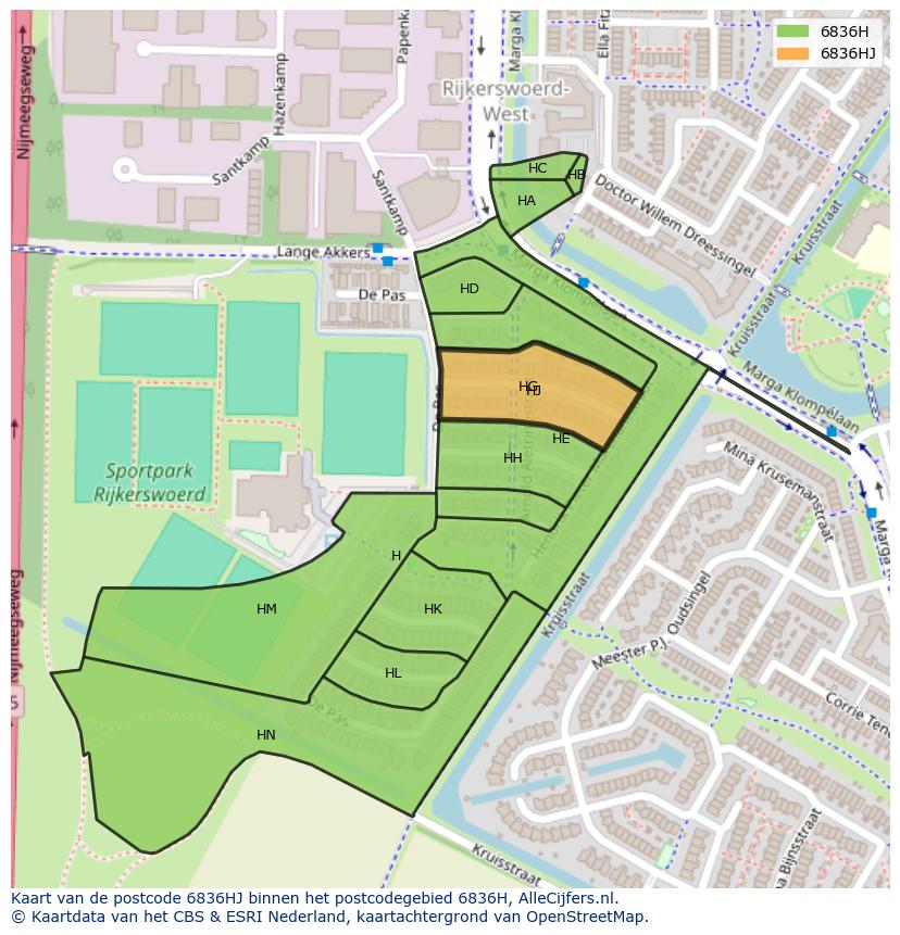 Afbeelding van het postcodegebied 6836 HJ op de kaart.