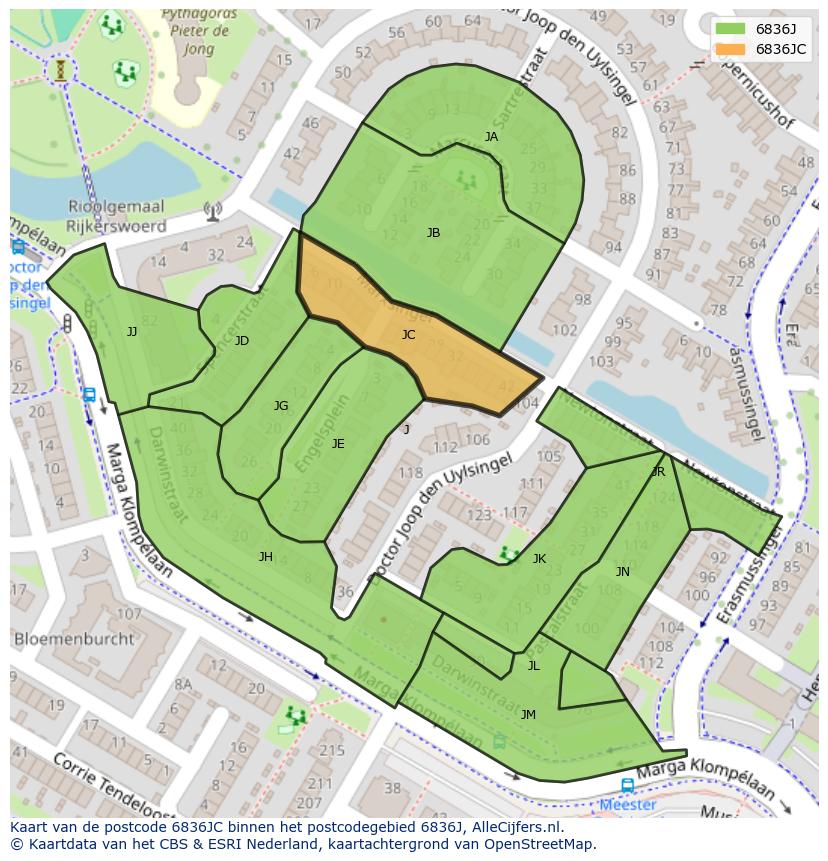 Afbeelding van het postcodegebied 6836 JC op de kaart.