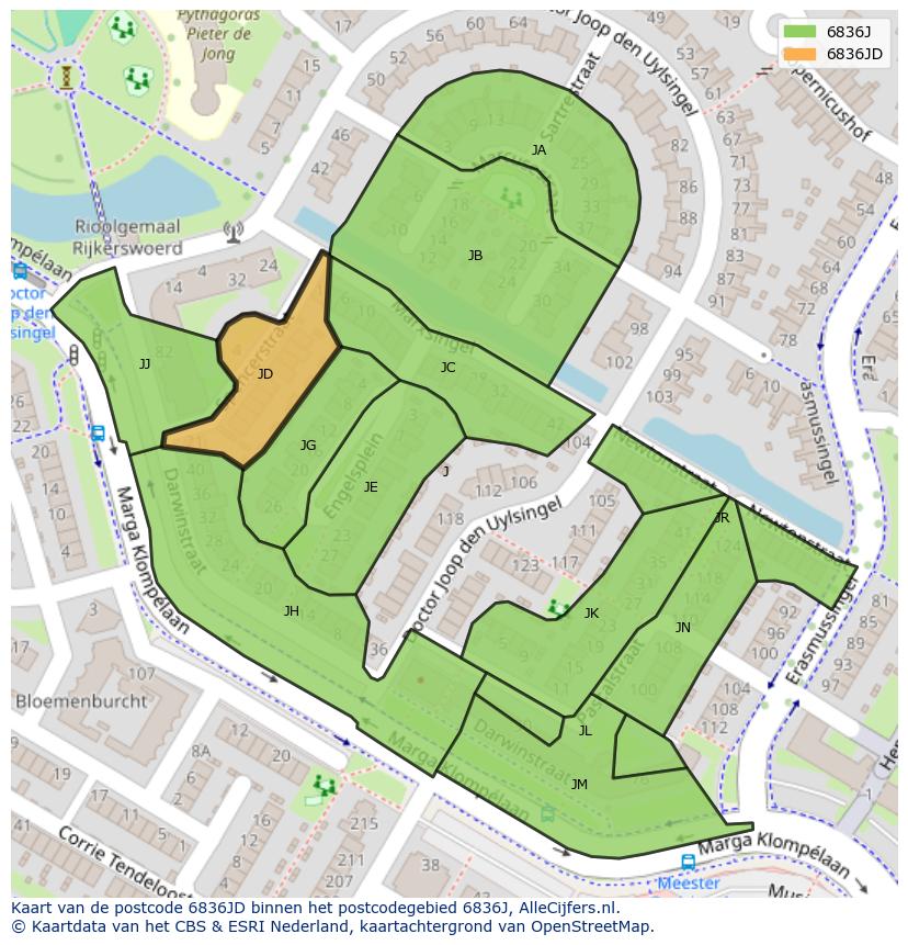 Afbeelding van het postcodegebied 6836 JD op de kaart.