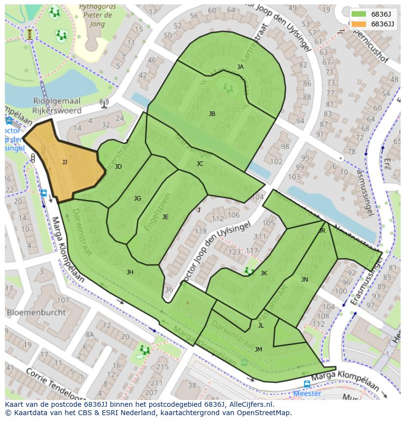 Afbeelding van het postcodegebied 6836 JJ op de kaart.