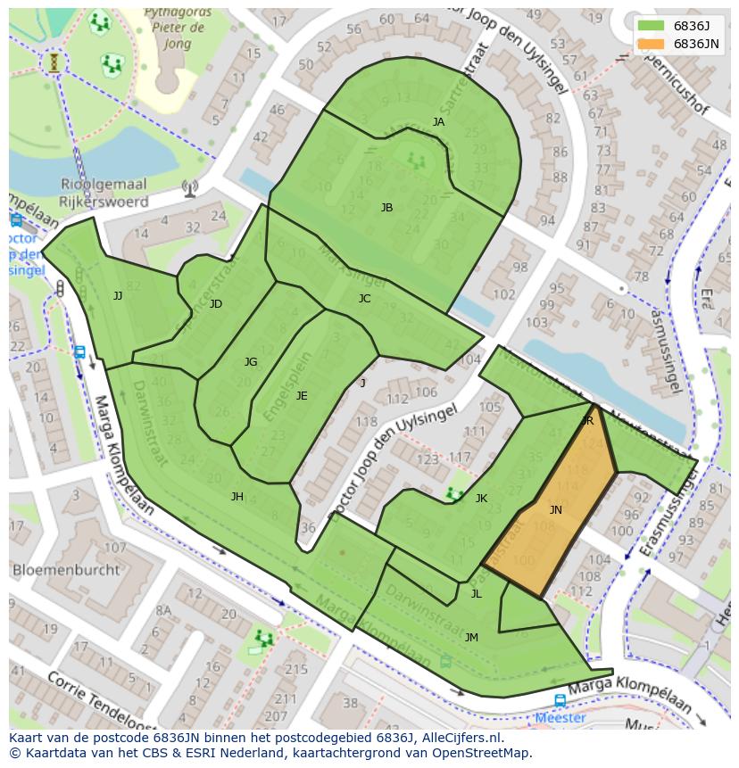 Afbeelding van het postcodegebied 6836 JN op de kaart.