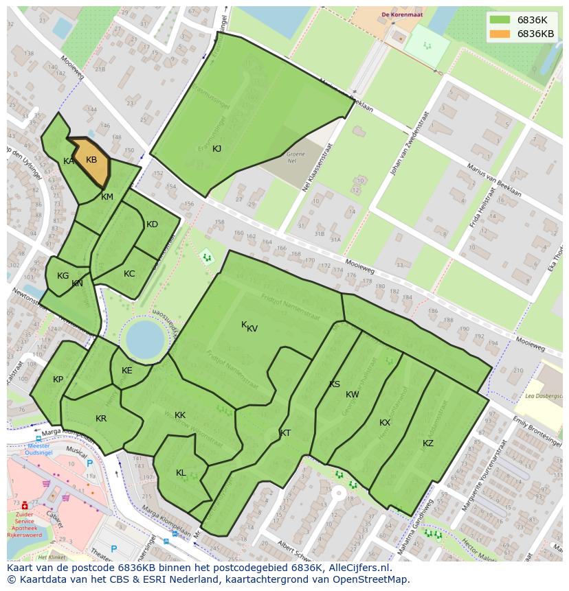 Afbeelding van het postcodegebied 6836 KB op de kaart.