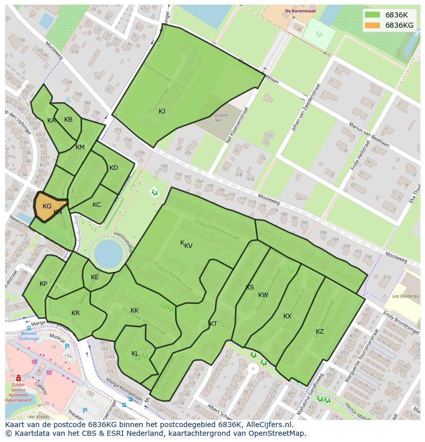 Afbeelding van het postcodegebied 6836 KG op de kaart.