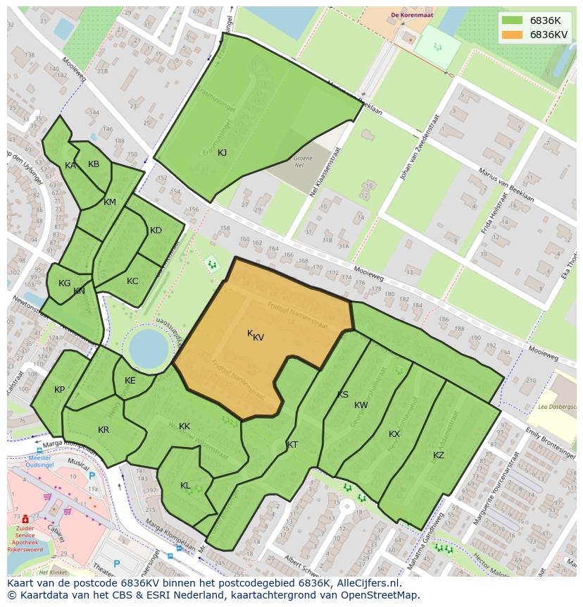 Afbeelding van het postcodegebied 6836 KV op de kaart.