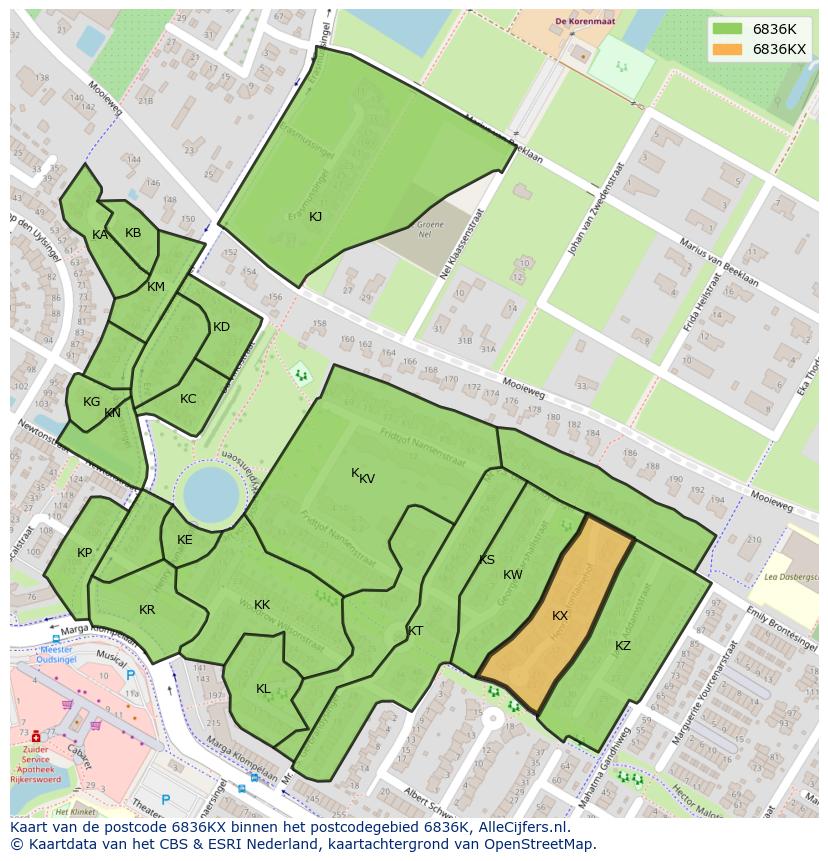 Afbeelding van het postcodegebied 6836 KX op de kaart.