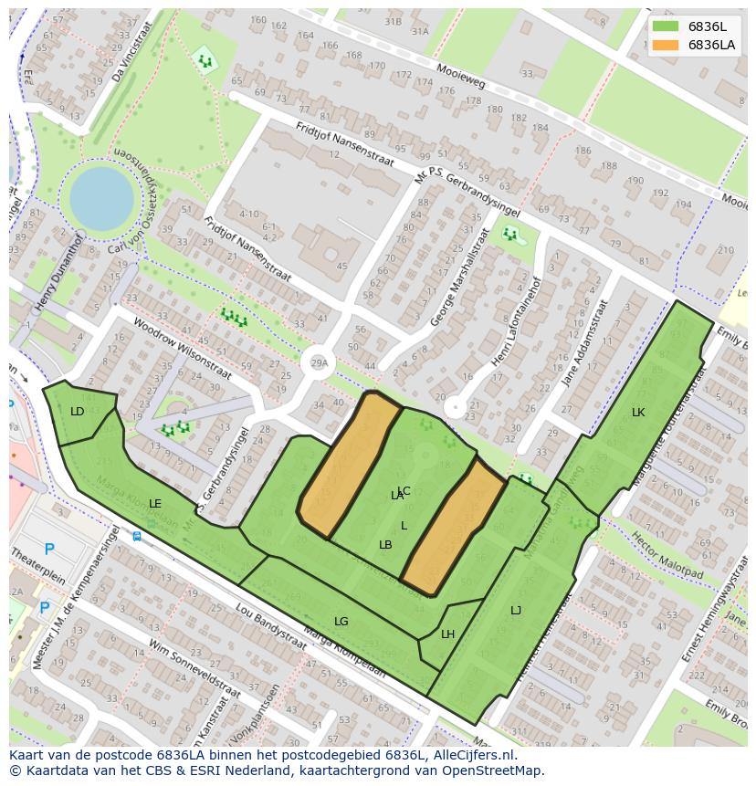Afbeelding van het postcodegebied 6836 LA op de kaart.