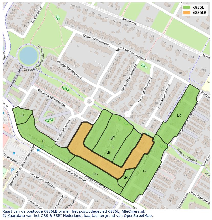 Afbeelding van het postcodegebied 6836 LB op de kaart.