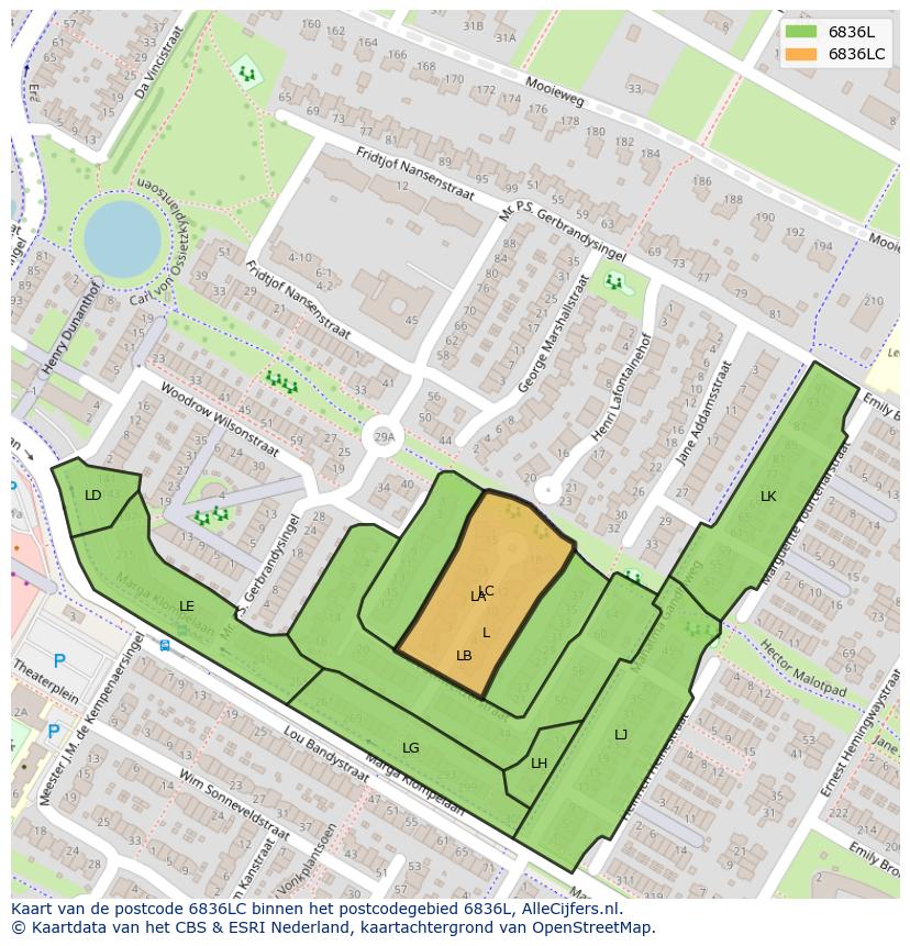 Afbeelding van het postcodegebied 6836 LC op de kaart.