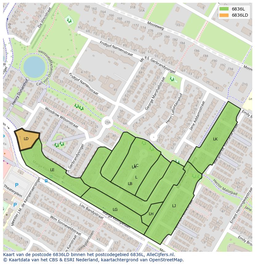 Afbeelding van het postcodegebied 6836 LD op de kaart.