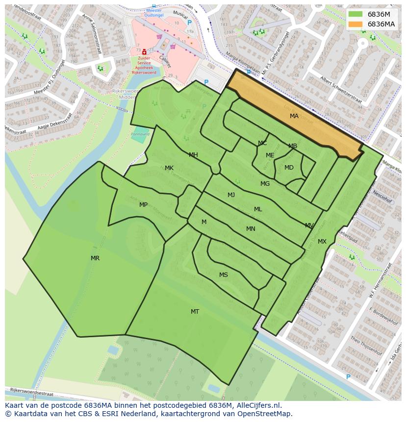 Afbeelding van het postcodegebied 6836 MA op de kaart.