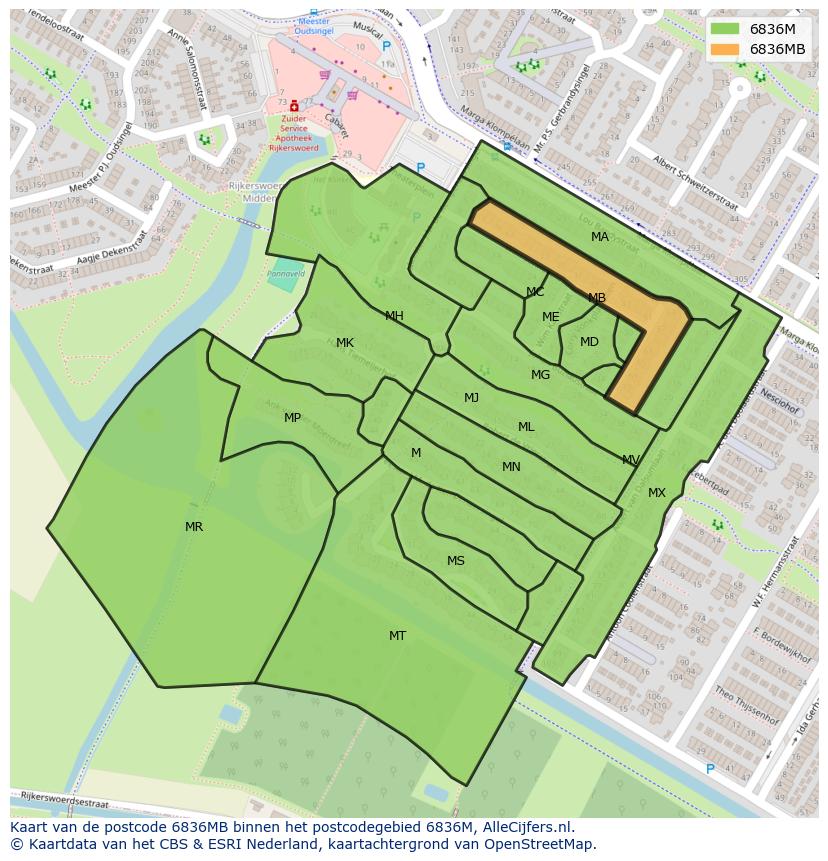 Afbeelding van het postcodegebied 6836 MB op de kaart.