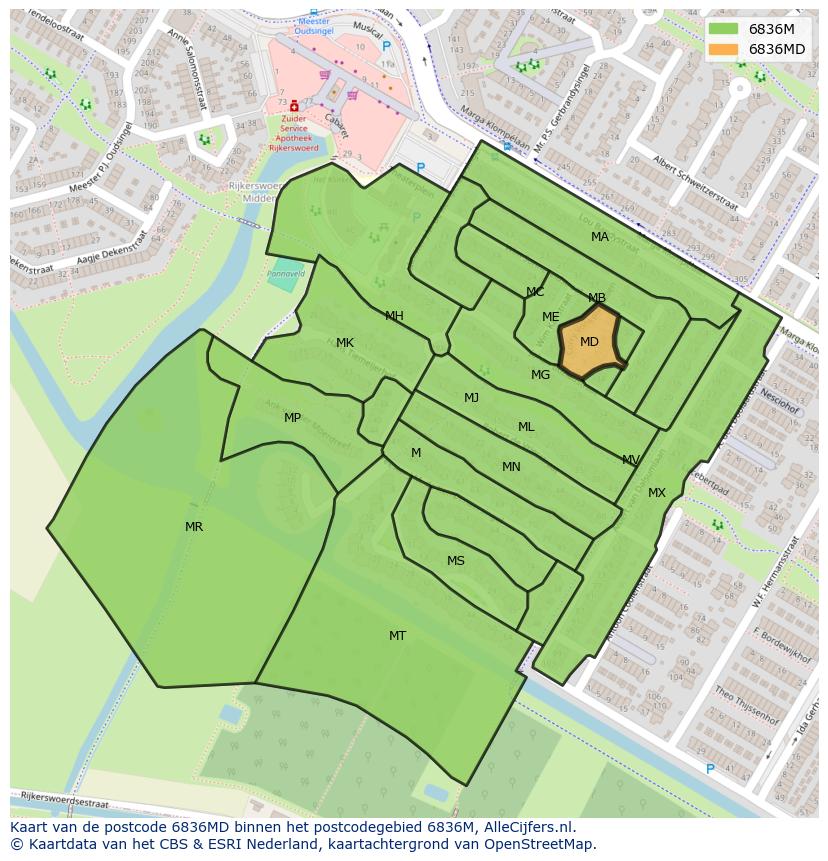 Afbeelding van het postcodegebied 6836 MD op de kaart.