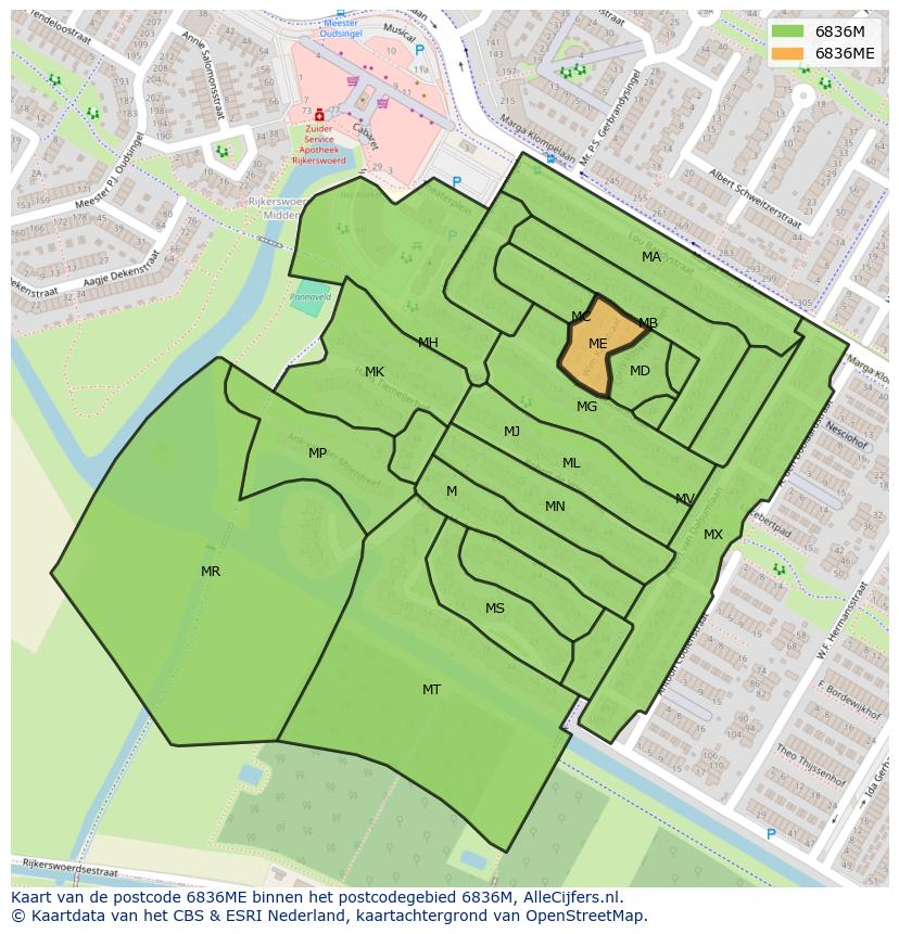 Afbeelding van het postcodegebied 6836 ME op de kaart.