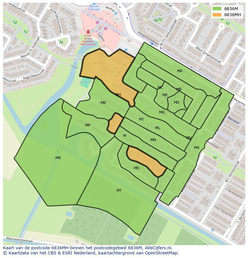 Afbeelding van het postcodegebied 6836 MH op de kaart.